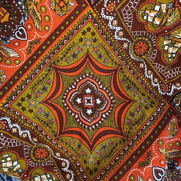 Vintage 1970s 86" Round Tablecloth Patriotic Americana Print Ships Eagles Autumn - Picture 3 of 9